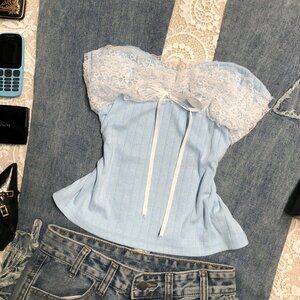 Original Blue Lace Patchwork Knit Bandeau Top Women